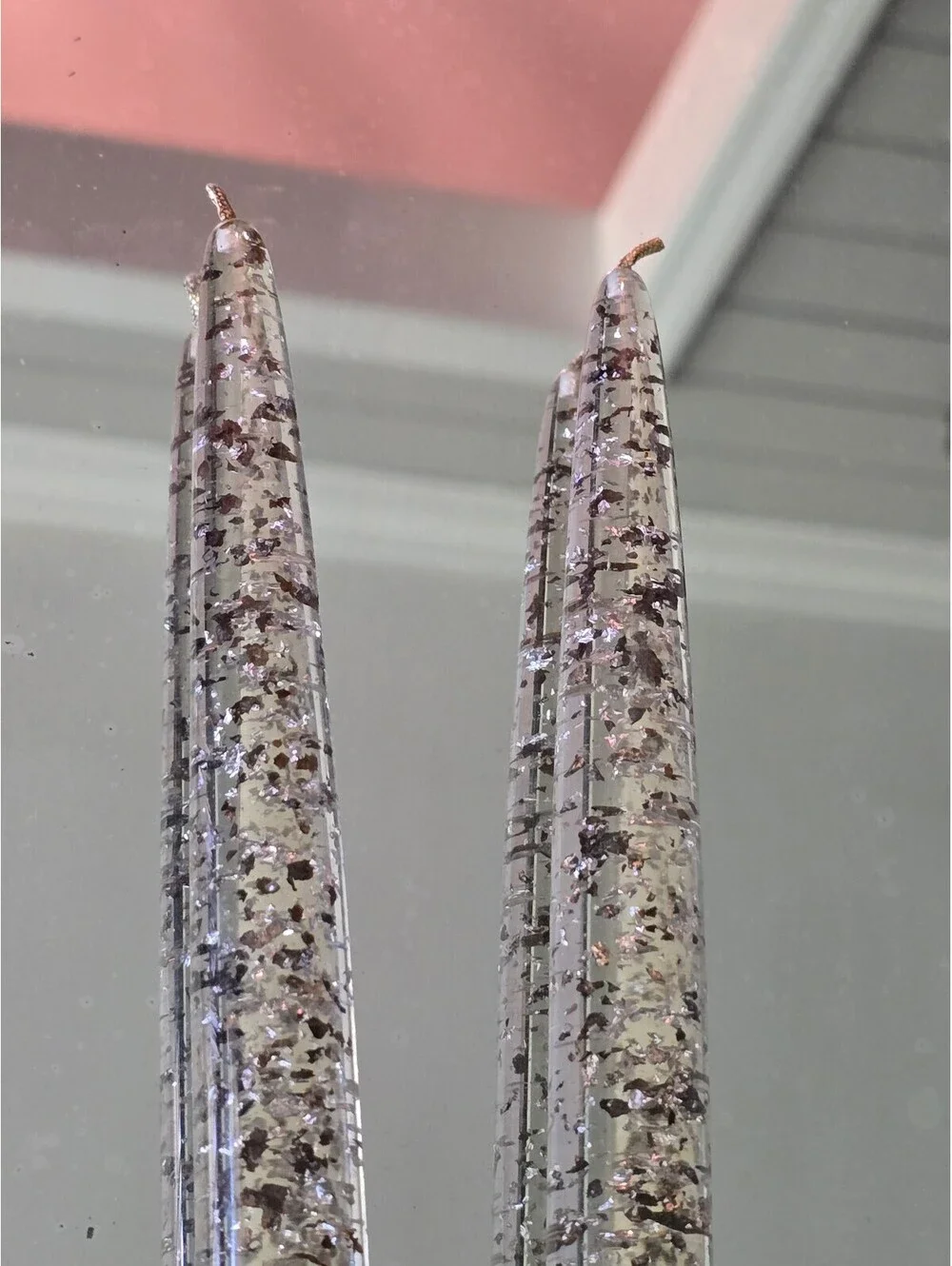 2 Lucite Taper Candles 12 in Gold & Silver Foil Flakes